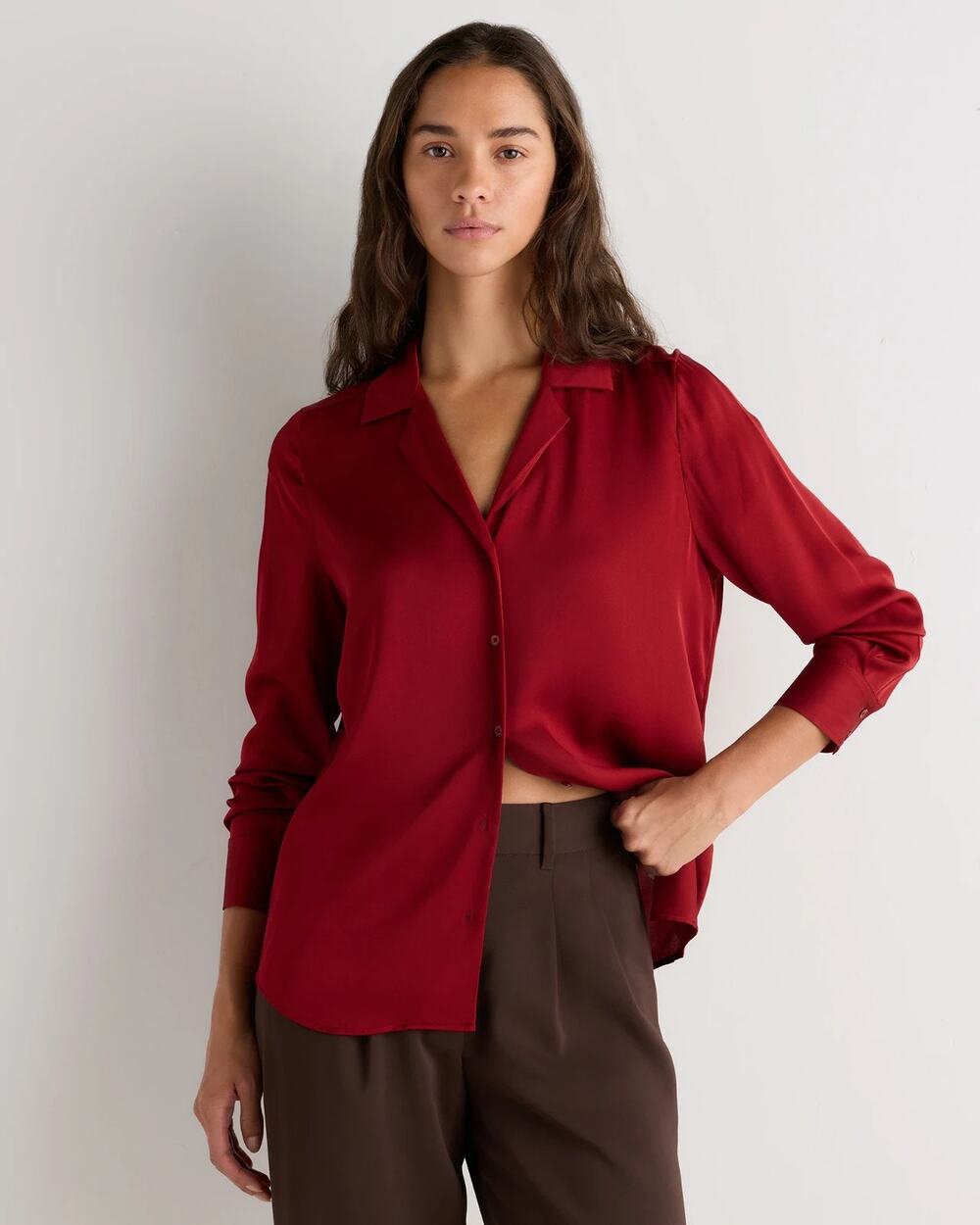 Quince *IN Salsa Red* Washable Stretch Silk Notch Collar Blouse Large